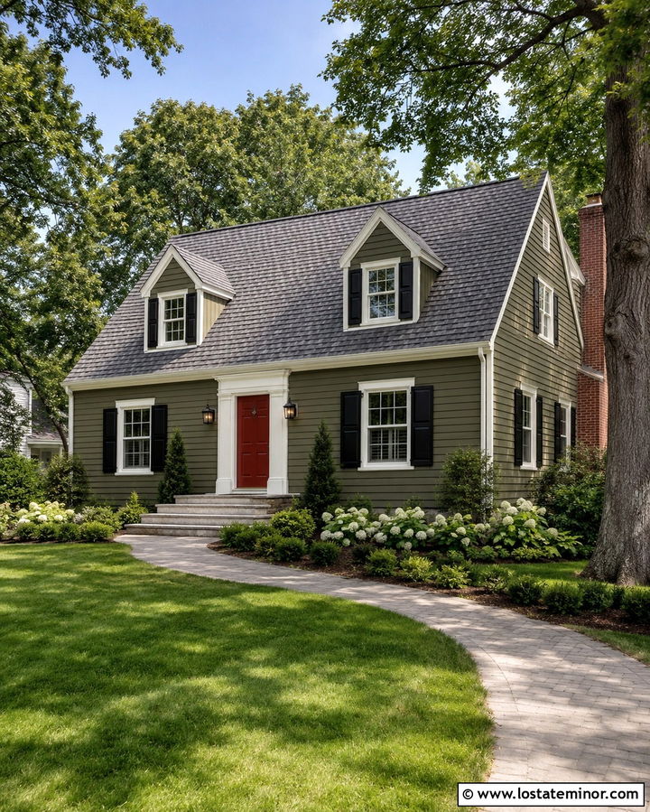 Olive Green House With Deep Red Front Door - 30 Olive Green House Design With Front Door Ideas