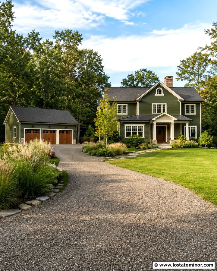 Olive Green House With Detached Garage Driveway - 30 Olive Green House Design With Driveway Ideas