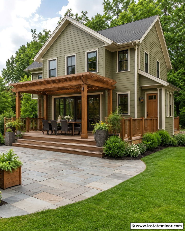 Olive Green House With Dining Pergola - 30 Olive Green House Design With Pergola Ideas