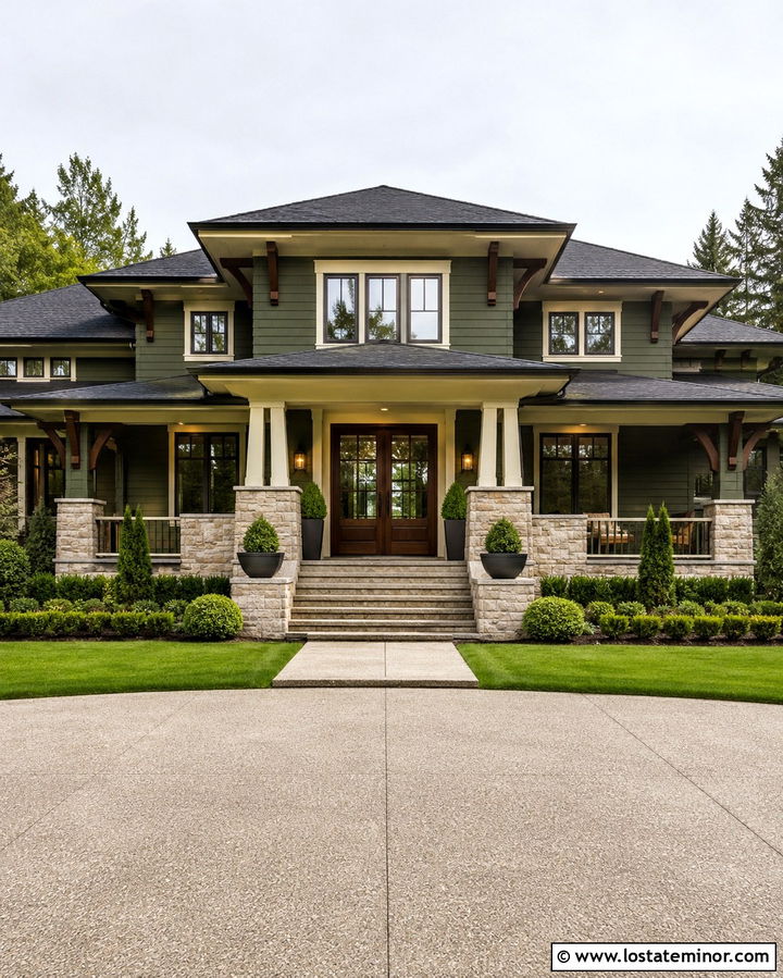 Olive Green House With Double Wood Entry Door - 30 Olive Green House Design With Entry Door Ideas