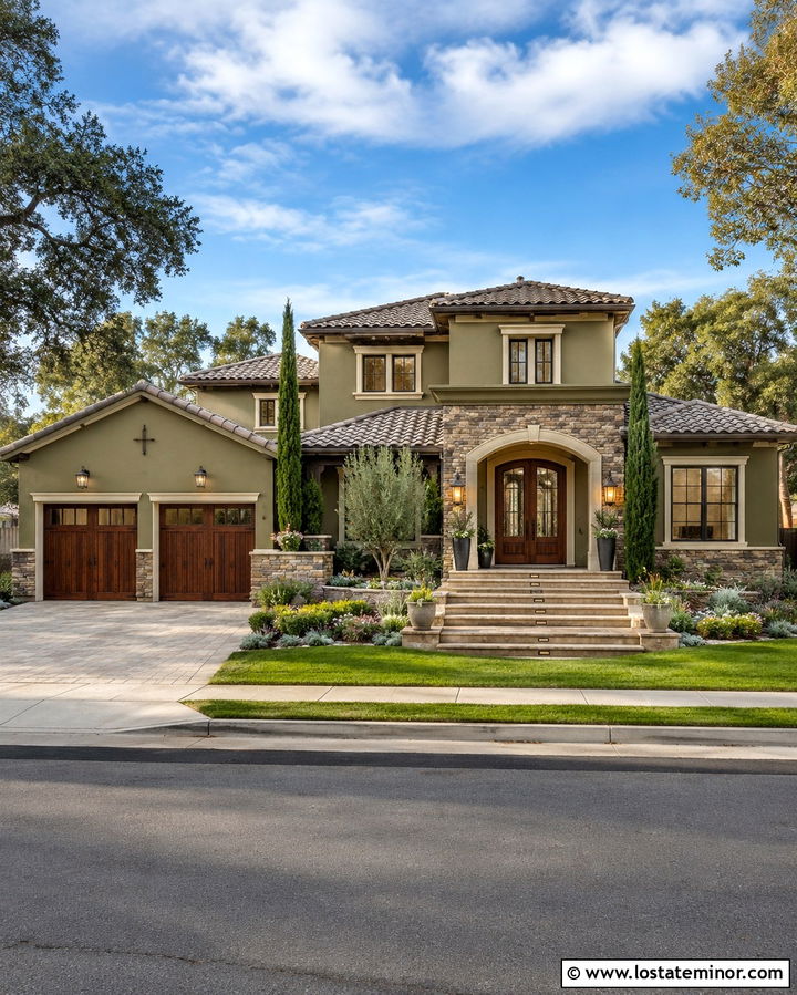 Olive Green House With Double Wood Front Doors - 30 Olive Green House Design With Front Door Ideas