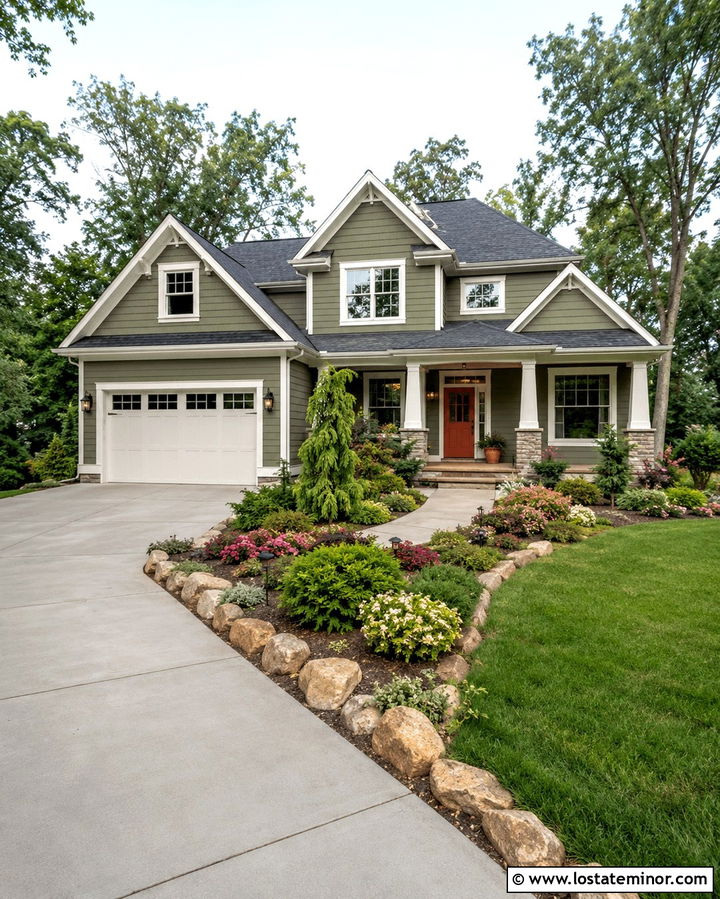 Olive Green House With Driveway Garden Border - 30 Olive Green House Design With Driveway Ideas
