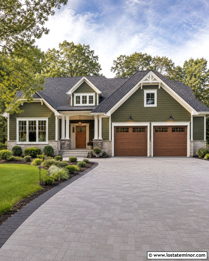 Olive Green House With Driveway Lighting - 30 Olive Green House Design With Driveway Ideas