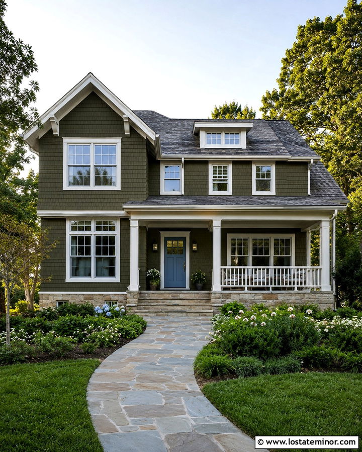 Olive Green House With Dusty Blue Entry Door - 30 Olive Green House Design With Entry Door Ideas