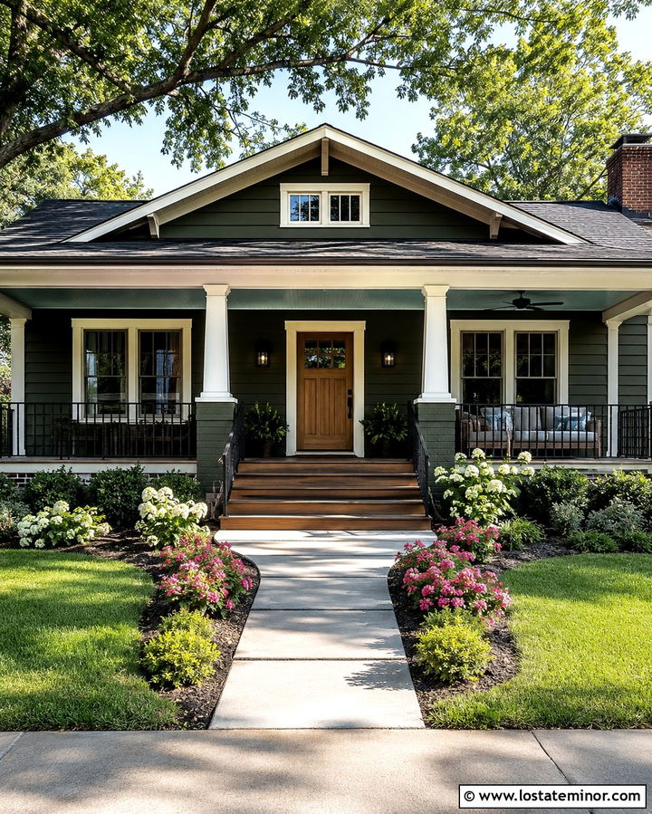 Olive Green House With Dusty Blue Porch Ceiling - 30 Olive Green House Design With Porch Ceiling Ideas