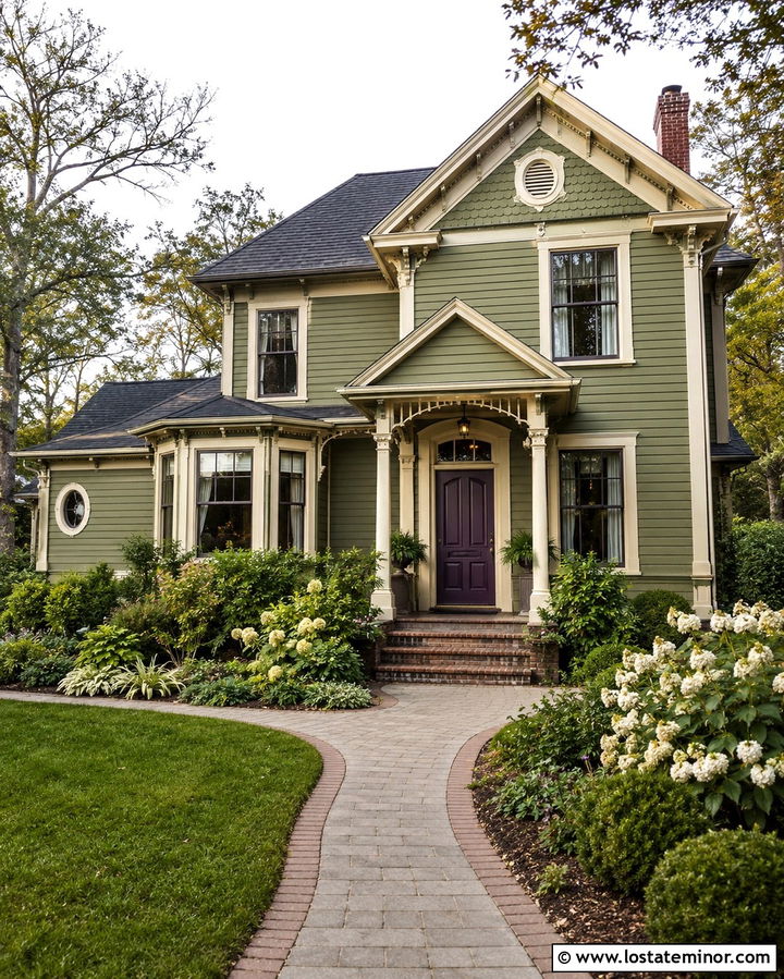 Olive Green House With Eggplant Front Door - 30 Olive Green House Design With Front Door Ideas