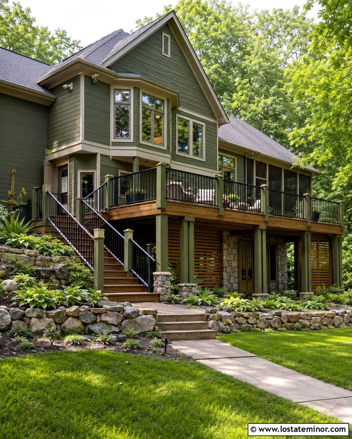 Olive Green House With Elevated Deck - 30 Olive Green House Design With Deck Ideas
