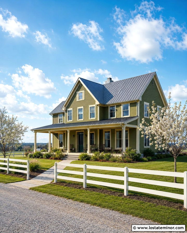 Olive Green House With Farm Fence - 30 Olive Green House Design With Fence Ideas