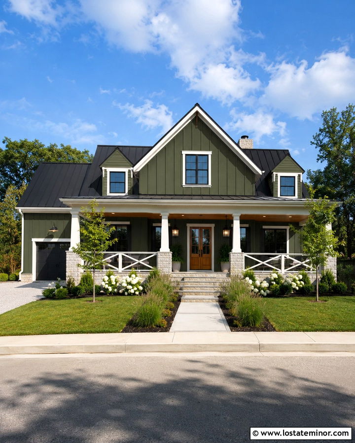 Olive Green House With Farmhouse Cross Railings - 30 Olive Green House Design With Railings Ideas