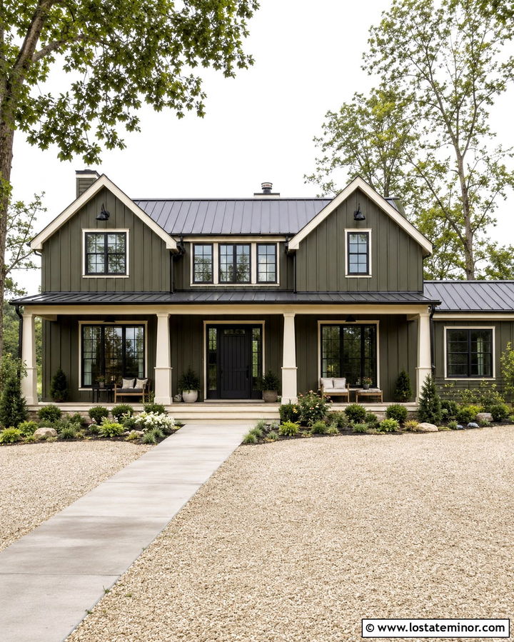 Olive Green House With Farmhouse Entry Door - 30 Olive Green House Design With Entry Door Ideas