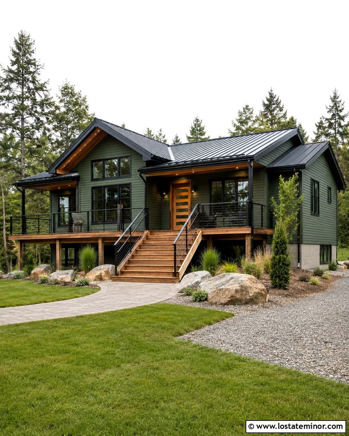 Olive Green House With Front Deck Steps - 30 Olive Green House Design With Steps Ideas