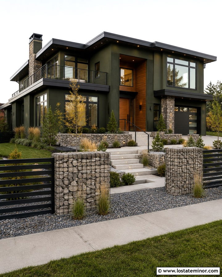 Olive Green House With Gabion Fence - 30 Olive Green House Design With Fence Ideas