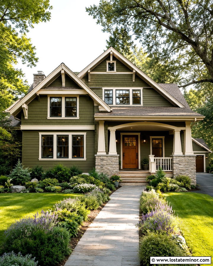 Olive Green House With Gable Shingles - 30 Olive Green House Design With Shingles Ideas