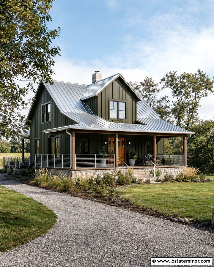 Olive Green House With Galvanized Steel Railings - 30 Olive Green House Design With Railings Ideas