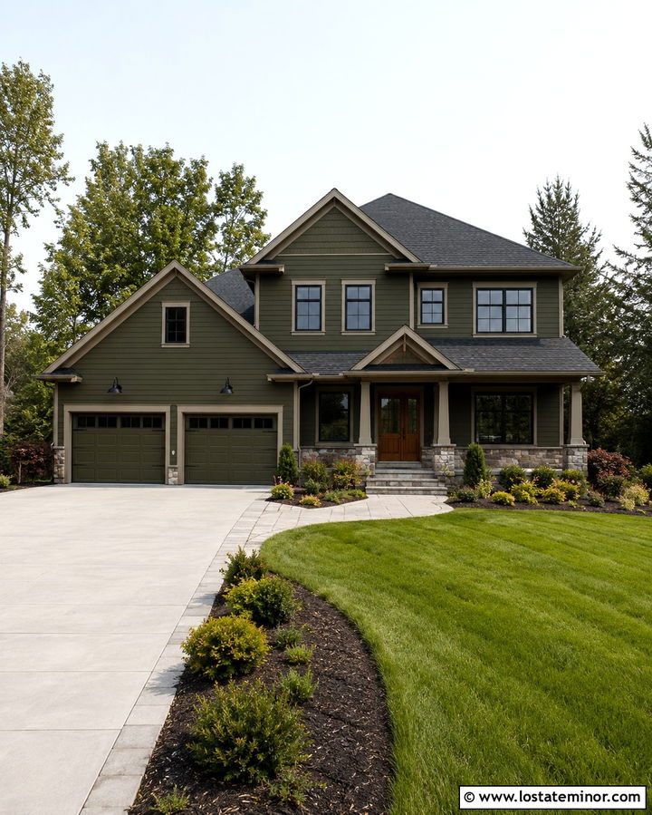 Olive Green House With Garage Accent Lights - 30 Olive Green House Design With Lighting Ideas