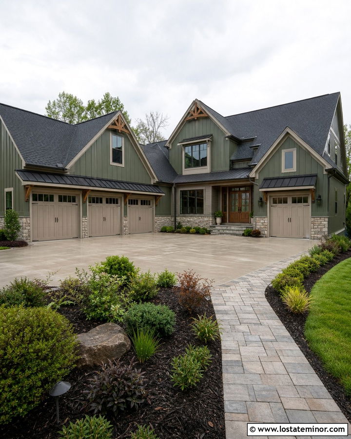 Olive Green House With Garage Door Canopies - 30 Olive Green House Design With Awning Ideas