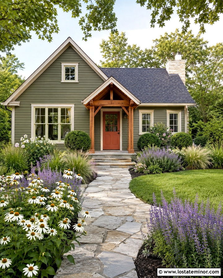 Olive Green House With Garden Walkway - 30 Olive Green House Design With Walkway Ideas