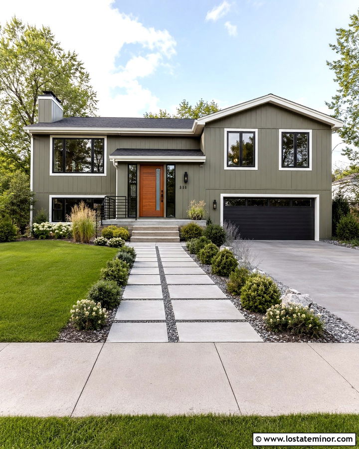 Olive Green House With Geometric Paver Walkway - 30 Olive Green House Design With Walkway Ideas