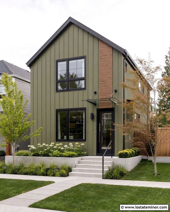 Olive Green House With Glass Entry Awning - 30 Olive Green House Design With Awning Ideas