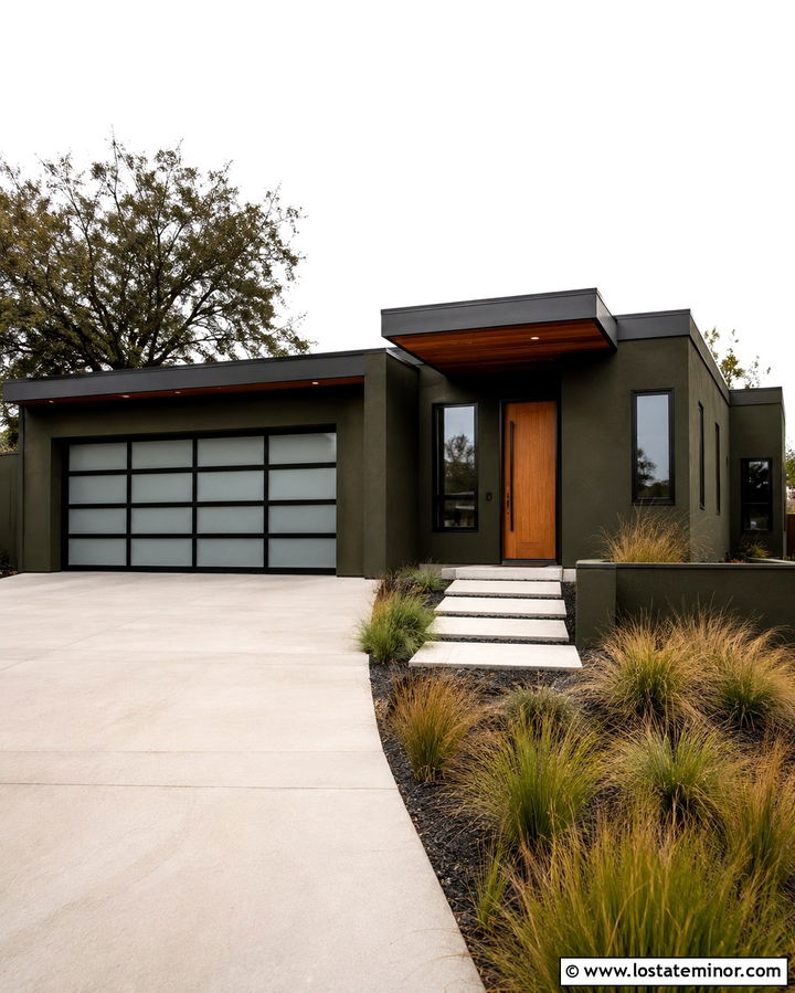 Olive Green House With Glass Garage Door - 30 Olive Green House Design With Garage Door Ideas