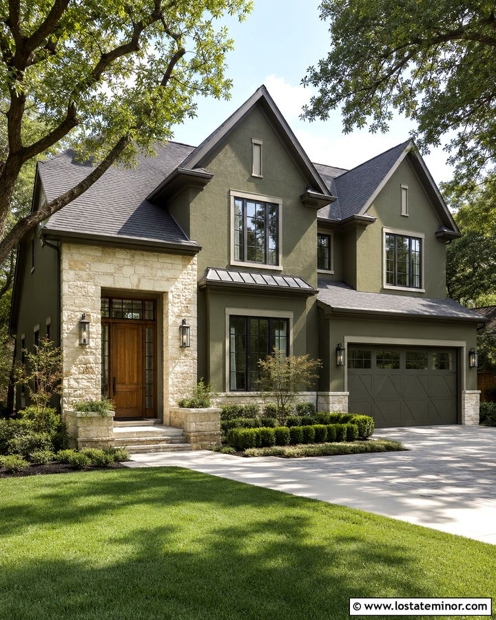 Olive Green House With Glass Sidelight Entry Door - 30 Olive Green House Design With Entry Door Ideas
