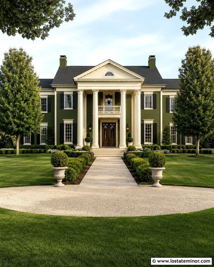 Olive Green House With Grand Entrance Portico - 30 Olive Green House Design With Portico Ideas