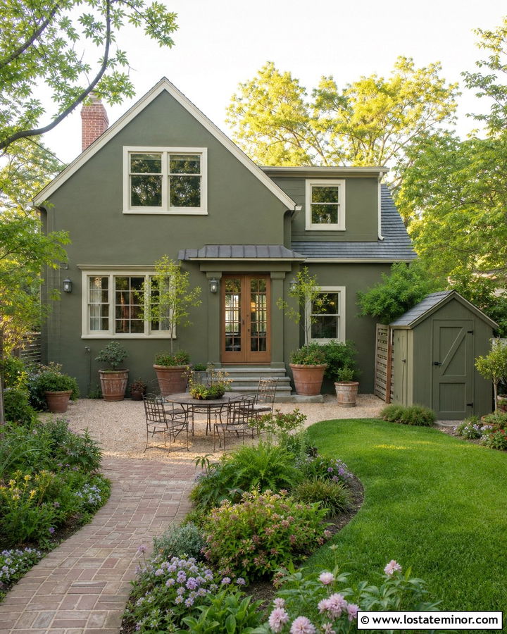 Olive Green House With Gravel Courtyard - 30 Olive Green House Design With Backyard Ideas
