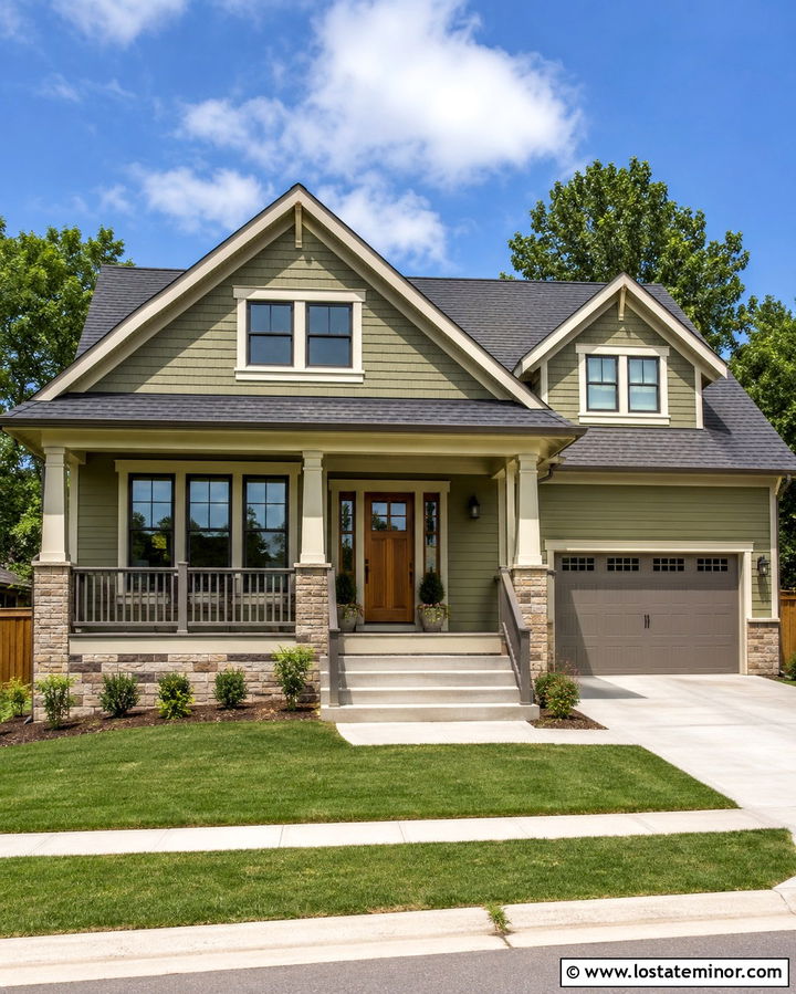 Olive Green House With Gray Composite Railings - 30 Olive Green House Design With Railings Ideas