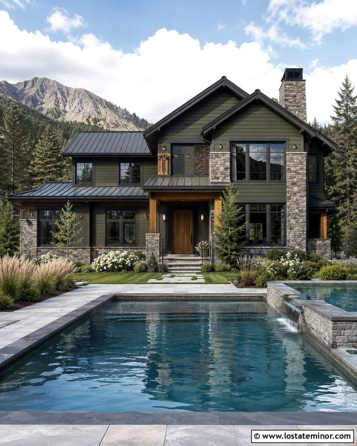 Olive Green House With Gray Stone Pool - 30 Olive Green House Design With Swimming Pool Ideas