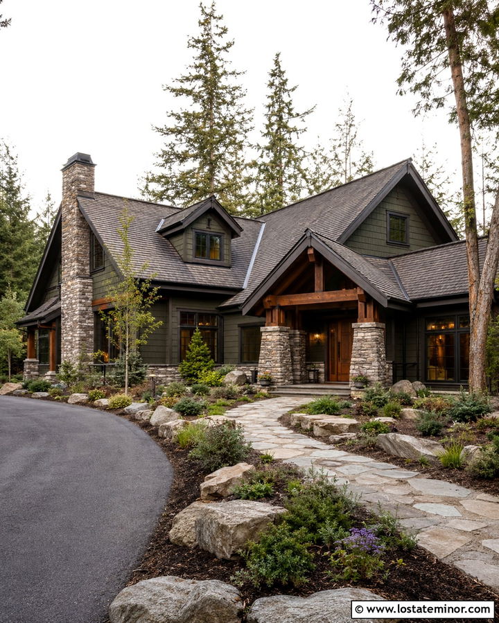 Olive Green House With Gray Stone Trim - 30 Olive Green House Design With Trim Ideas