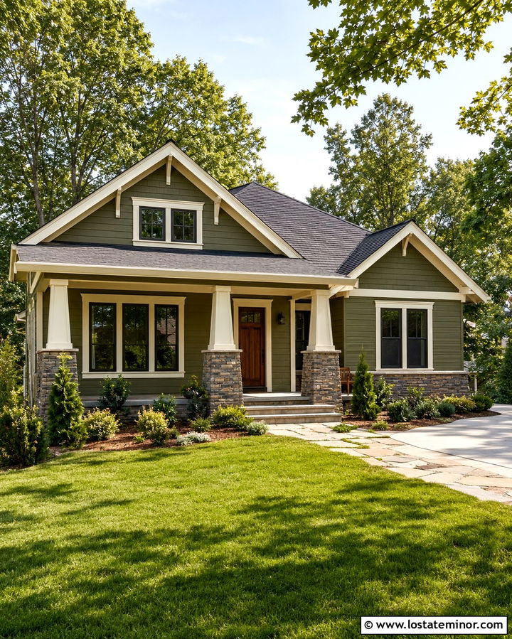 Olive Green House With Gray Stone Wainscoting - 30 Olive Green House Design With Wainscoting Ideas