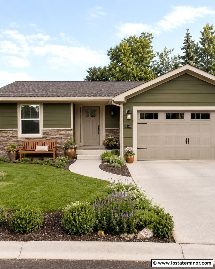 Olive Green House With Greige Entry Door - 30 Olive Green House Design With Entry Door Ideas