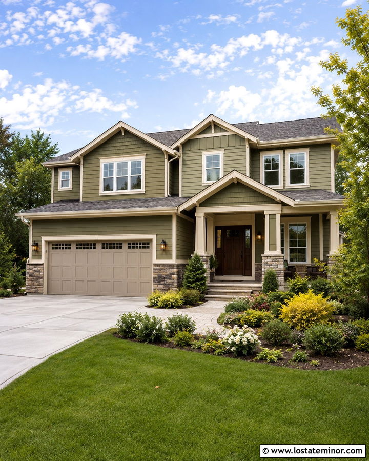 Olive Green House With Greige Garage Door - 30 Olive Green House Design With Garage Door Ideas