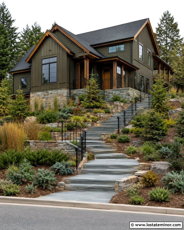 Olive Green House With Hillside Steps - 30 Olive Green House Design With Steps Ideas