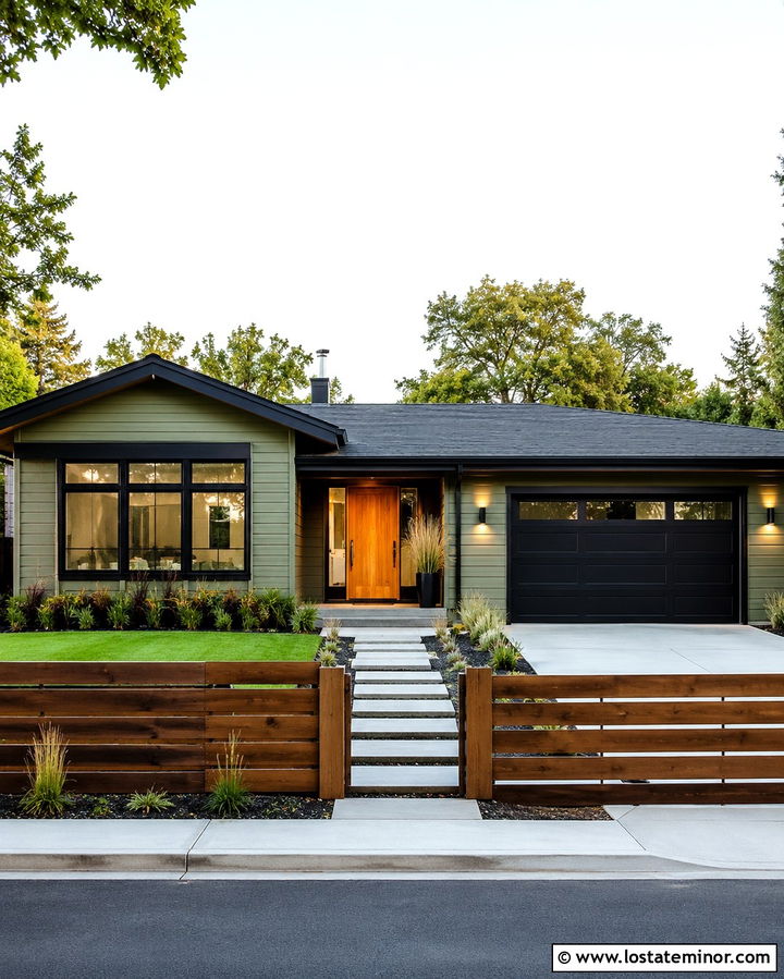 Olive Green House With Horizontal Wood Fence - 30 Olive Green House Design With Fence Ideas