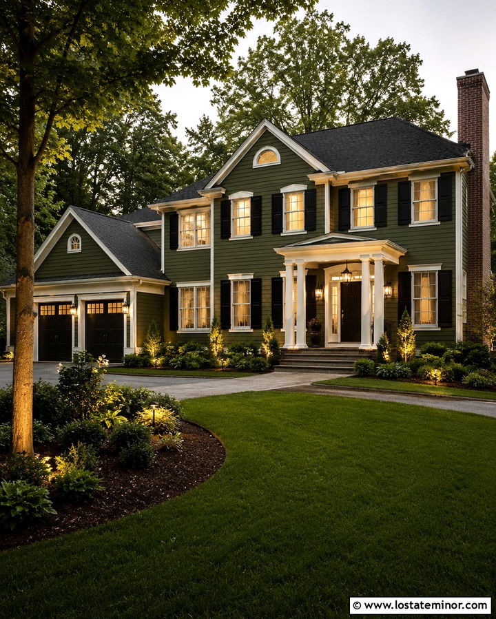 Olive Green House With Landscape Uplights - 30 Olive Green House Design With Lighting Ideas