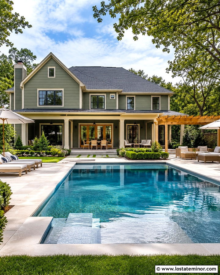 Olive Green House With Large Family Pool - 30 Olive Green House Design With Swimming Pool Ideas