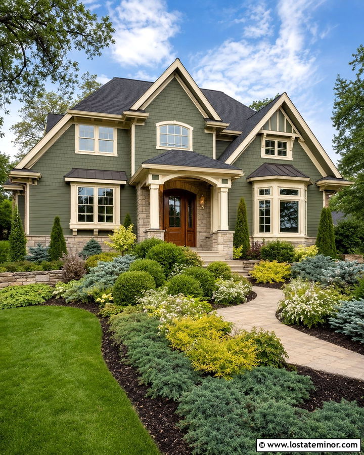 Olive Green House With Layered Evergreen Landscaping - 30 Olive Green House Design With Front Yard Ideas