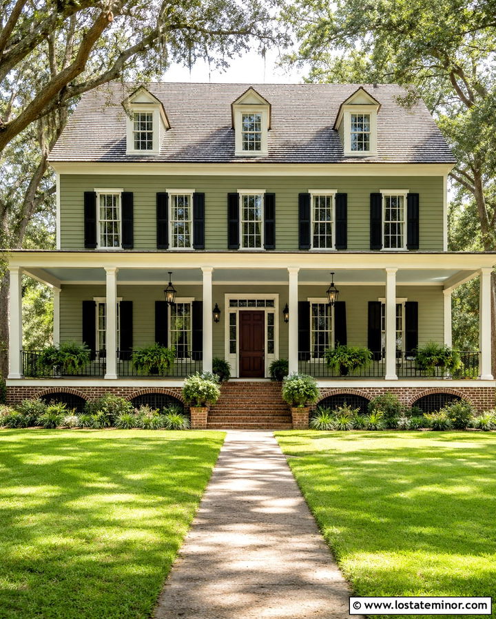 Olive Green House With Light Blue Beadboard Porch Ceiling - 30 Olive Green House Design With Porch Ceiling Ideas