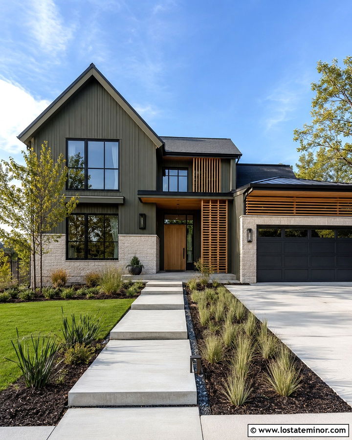 Olive Green House With Light Oak Entry Door - 30 Olive Green House Design With Entry Door Ideas