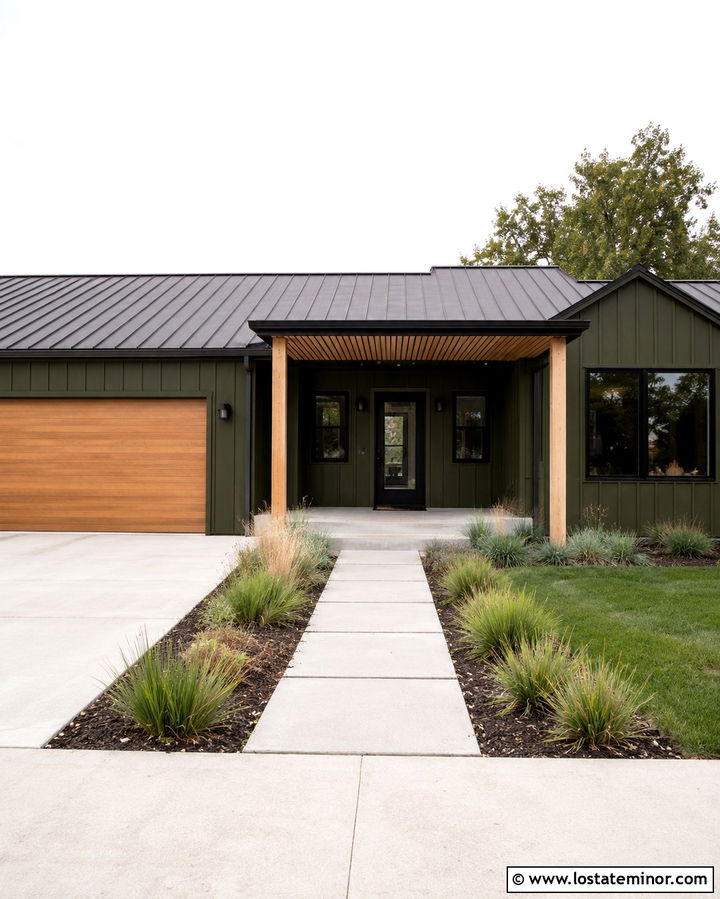 Olive Green House With Light Wood Slat Porch Ceiling - 30 Olive Green House Design With Porch Ceiling Ideas