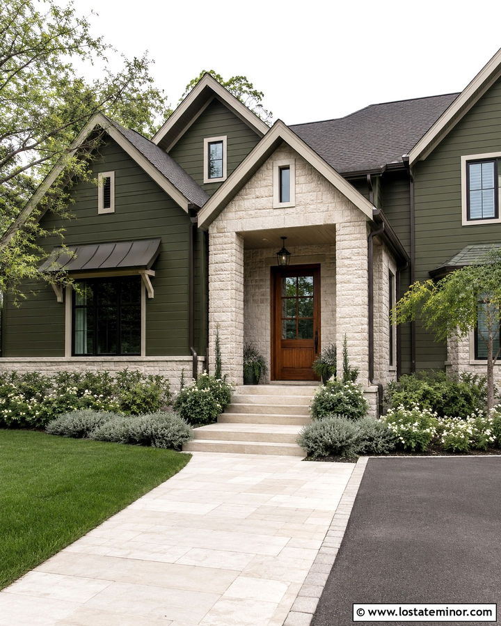 Olive Green House With Limestone Walkway - 30 Olive Green House Design With Walkway Ideas