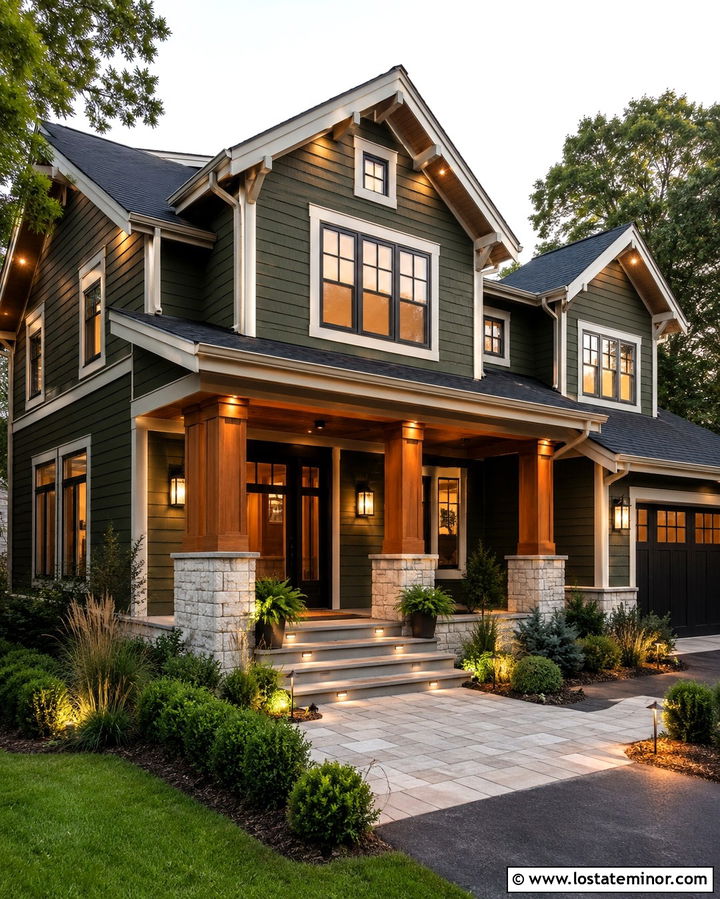 Olive Green House With Lit Porch Columns - 30 Olive Green House Design With Lighting Ideas
