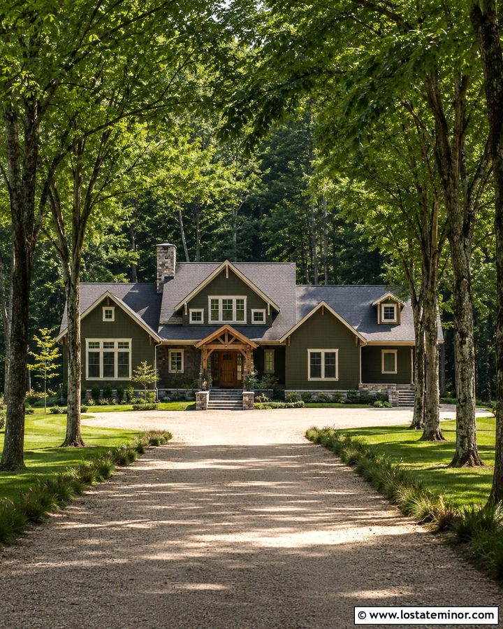 Olive Green House With Long Tree Lined Driveway - 30 Olive Green House Design With Driveway Ideas