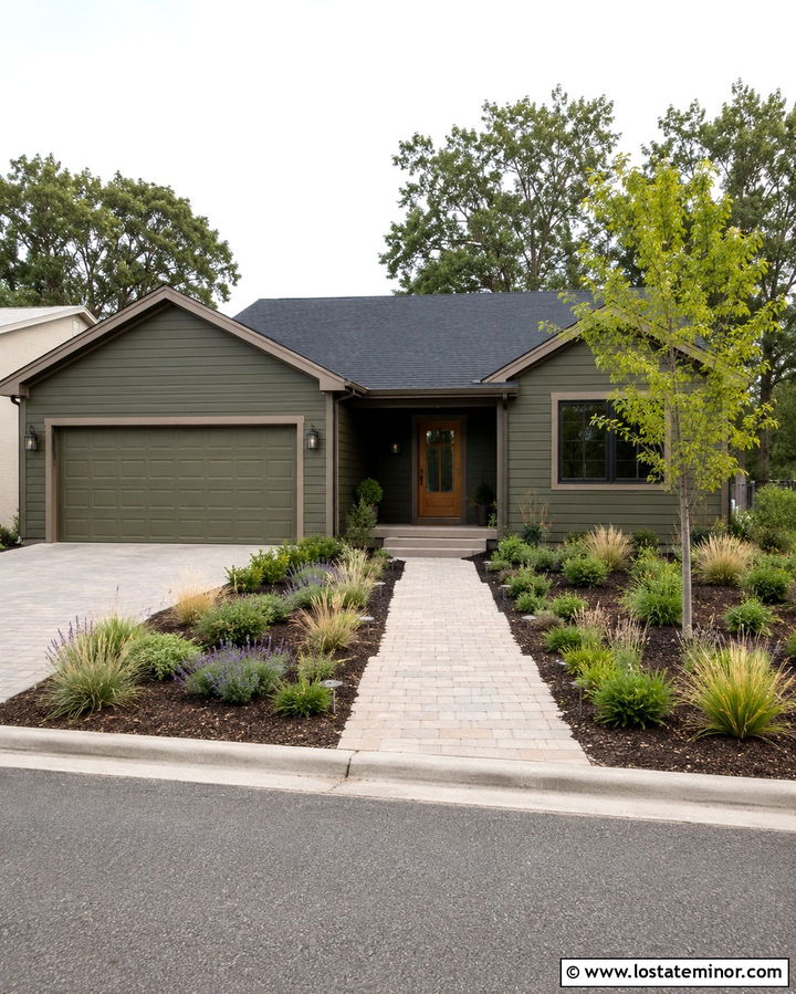 Olive Green House With Low Maintenance Front Yard - 30 Olive Green House Design With Front Yard Ideas