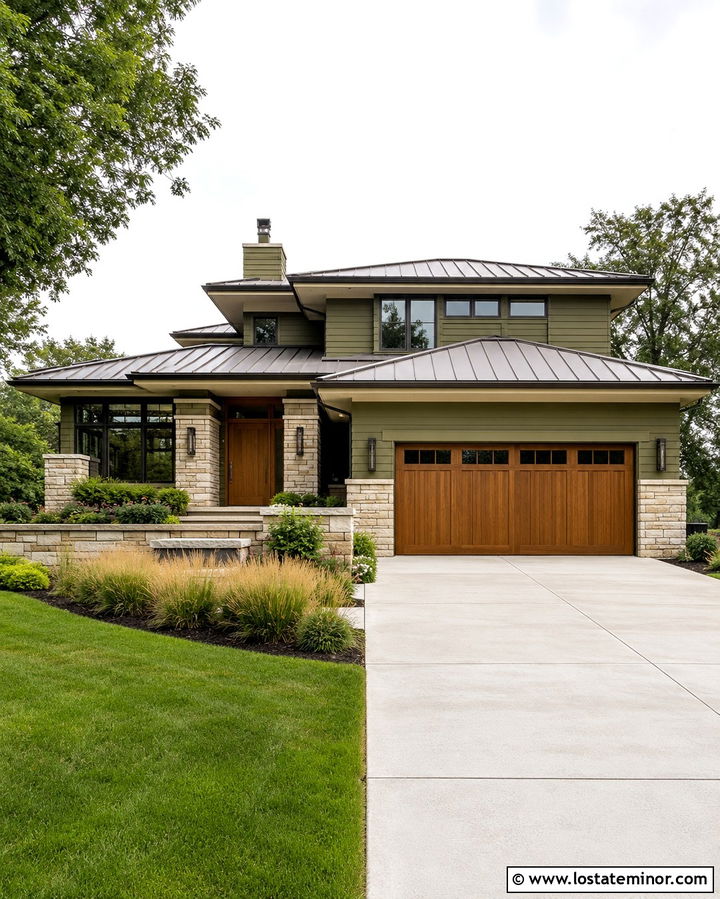 Olive Green House With Low Pitch Bronze Roof - 30 Olive Green House Design With Roof Ideas