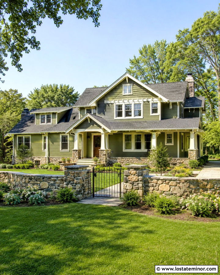 Olive Green House With Low Stone Wall - 30 Olive Green House Design With Fence Ideas