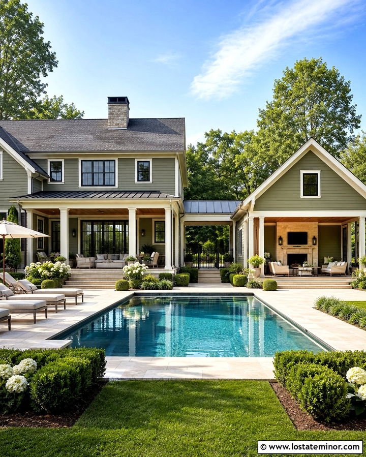 Olive Green House With Matching Pool House - 30 Olive Green House Design With Swimming Pool Ideas