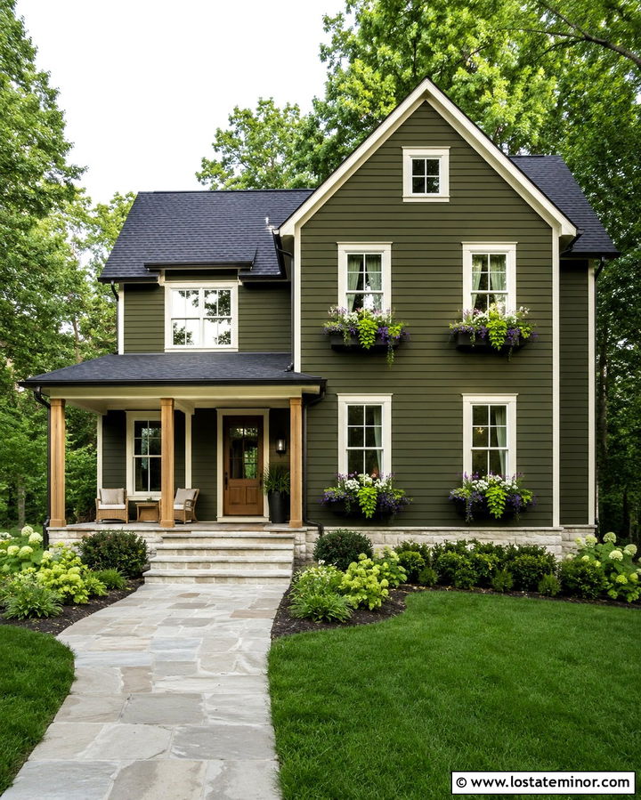 Olive Green House With Matching Window Boxes - 30 Olive Green House Design With Window Boxes Ideas