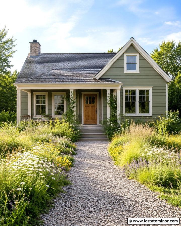 Olive Green House With Meadow Front Yard - 30 Olive Green House Design With Front Yard Ideas